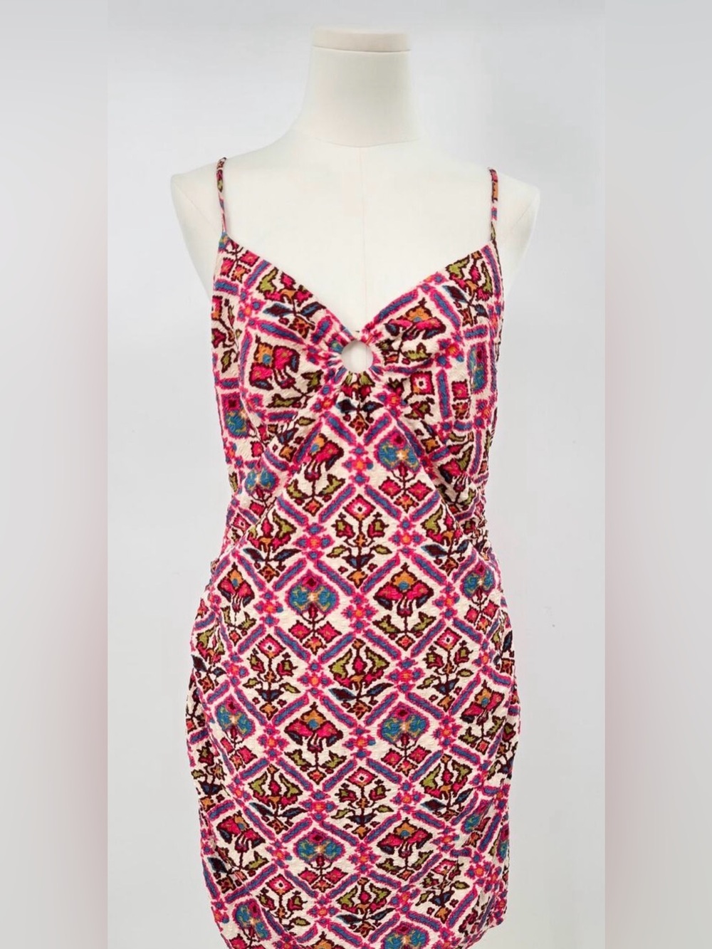 BA&SH Veda Mini Dress Tie Back Dress Pink Ikat Spaghetti Strap Ruched 3 Large L